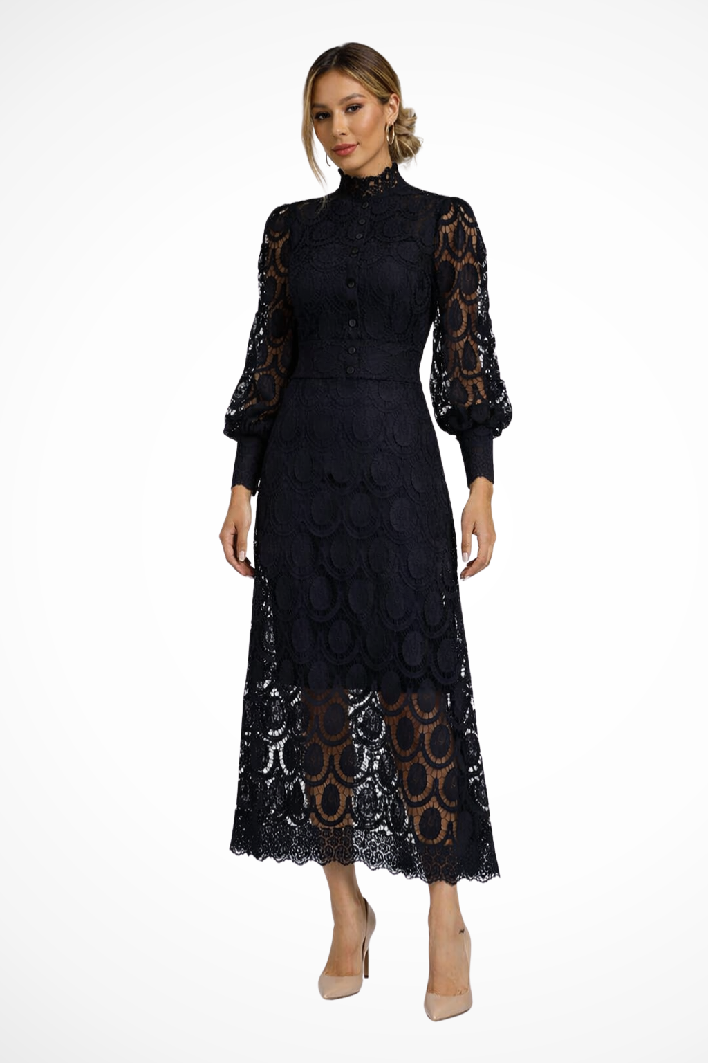 Women Lace Long-Sleeve High Neck Wedding-Guest Midi Dress – Modern Everyday Look – Dark Pink – M