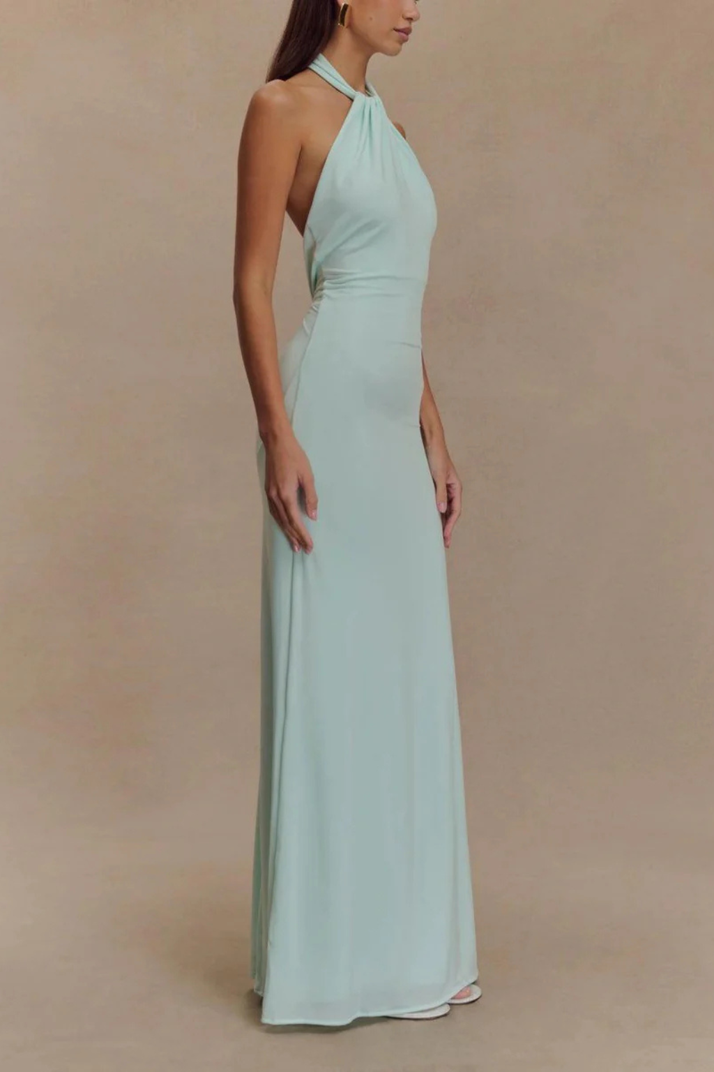 Women Halter Neck Twisted Knot Open Back Bodycon Wedding-Guest Maxi Dress – Modern Everyday Look – Mint Green – M