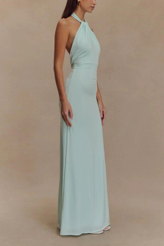 Women Halter Neck Twisted Knot Open Back Bodycon Wedding-Guest Maxi Dress – Modern Everyday Look – Mint Green – M
