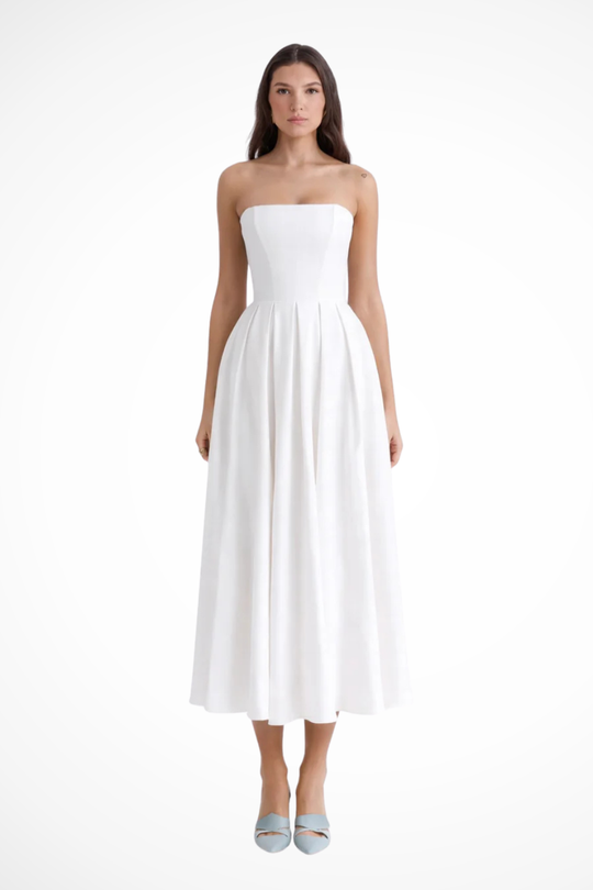 Women Strapless Corset Midi Dress with Flared Skirt – Modern Everyday Look – White – XS
