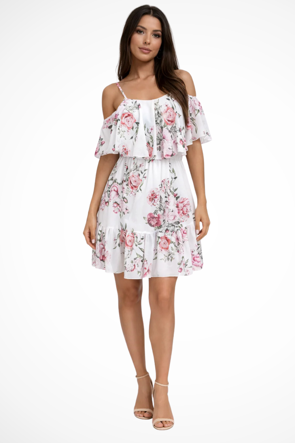 Women Off Shoulder Floral Chiffon Ruffle Mini Boho Dress – Modern Everyday Look – Light Blue – L