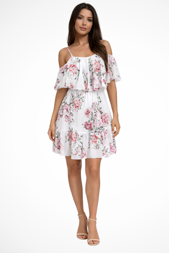Women Off Shoulder Floral Chiffon Ruffle Mini Boho Dress – Modern Everyday Look – Light Blue – L