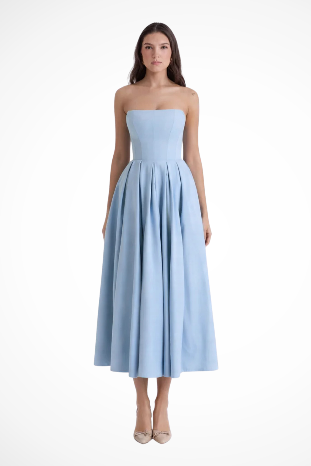 Women Strapless Corset Midi Dress with Flared Skirt – Modern Everyday Look – White – L