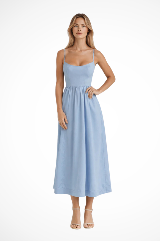 Women Ascot Style a Line Wedding-Guest Midi Dress – Modern Everyday Look – Light Blue – S