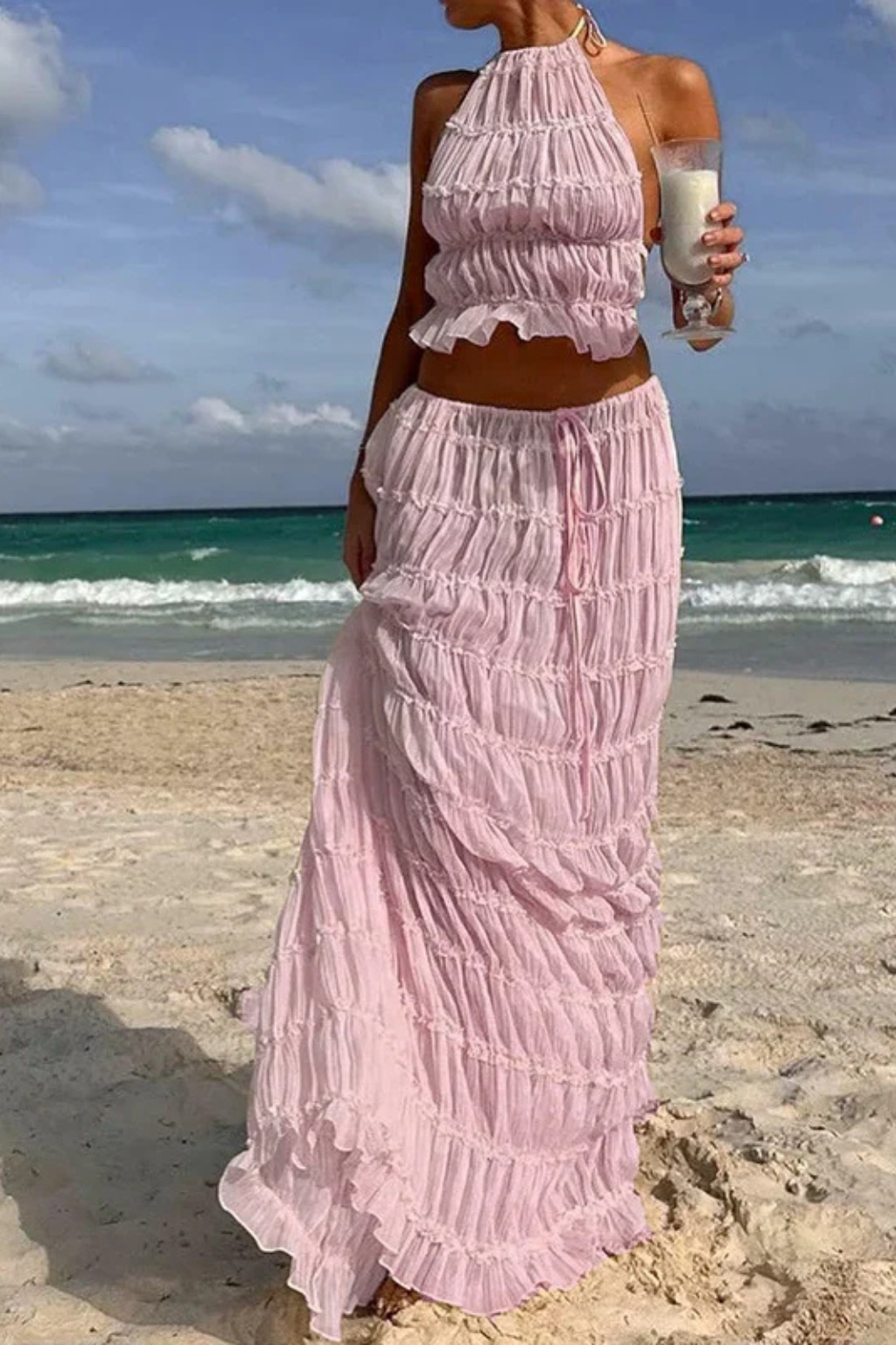 Women Ruched Halter Top and Maxi Skirt 2 Piece Set – Modern Everyday Look – Apricot – L