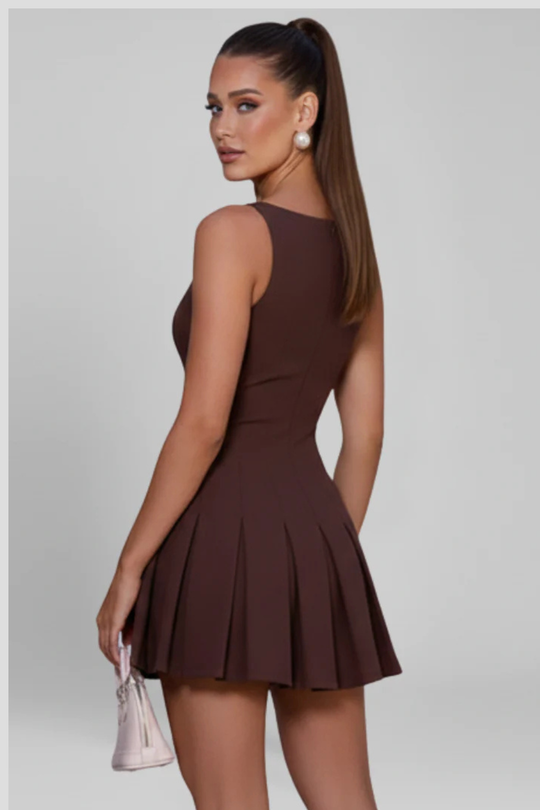 Women Sleeveless Pleated Skirt Mini Wedding-Guest Dress – Modern Everyday Look – Brown – XL