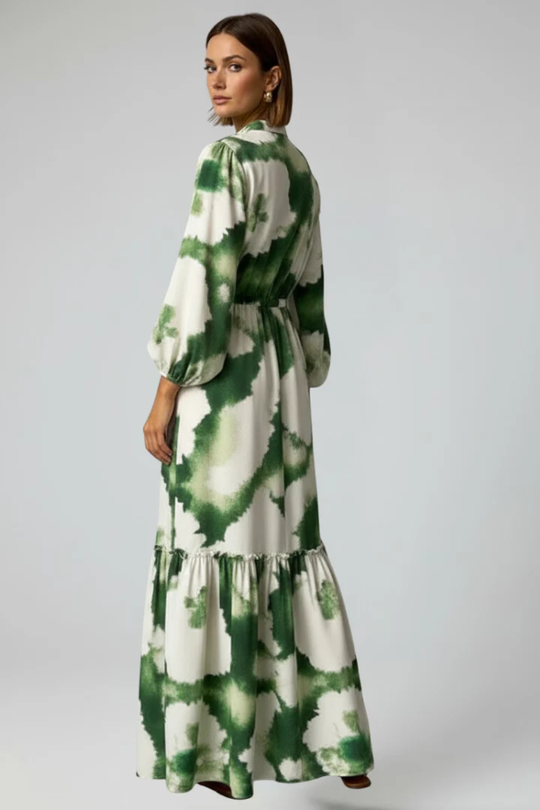 Women Long-Sleeve V-Neck Printed Tiered Maxi Dress – Modern Everyday Look – Green – M