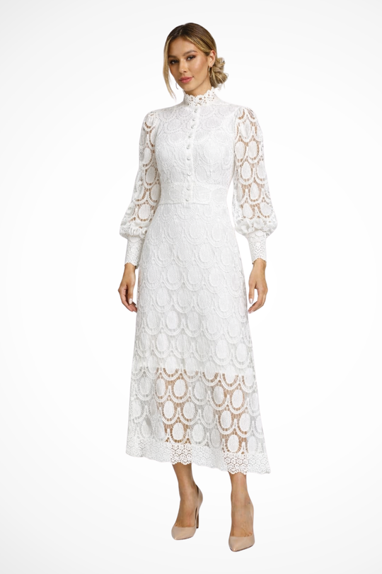 Women Lace Long-Sleeve High Neck Wedding-Guest Midi Dress – Modern Everyday Look – Dark Pink – XS