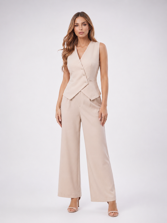 Women Elegant Formal 2 Piece Set – Vest &amp; Wide-Leg Trouser