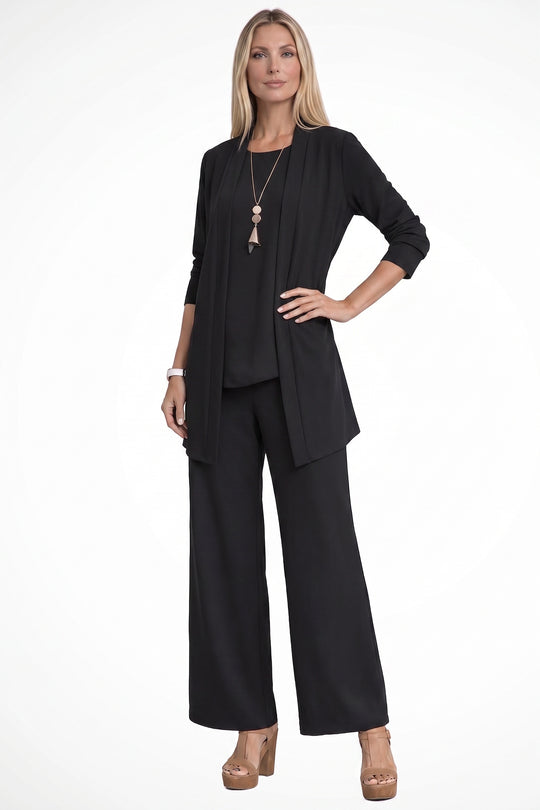 Women Elegant Formal 3 Piece Set – Cardigan, Top &amp; Wide-Leg Trouser
