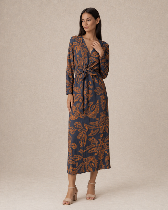 Aria | Women Wedding-Guest Tie Waist Maxi Dress with Long-Sleeves