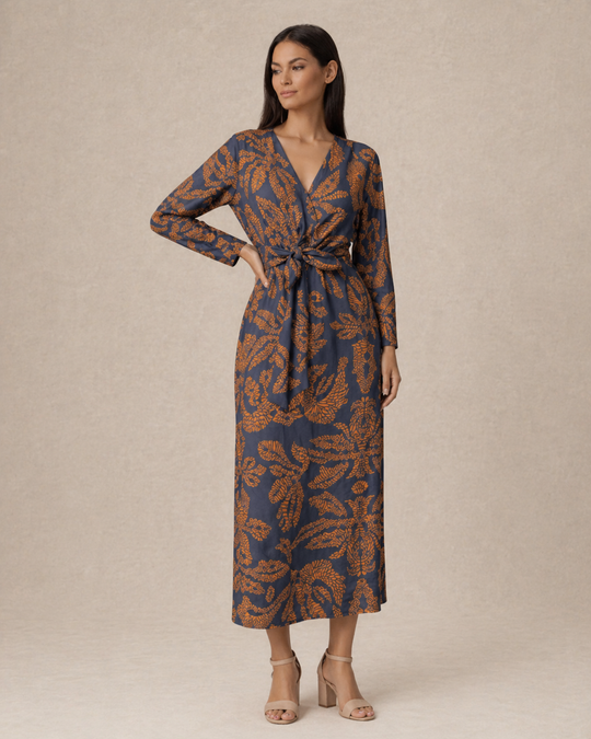 Aria | Women Wedding-Guest Tie Waist Maxi Dress with Long-Sleeves