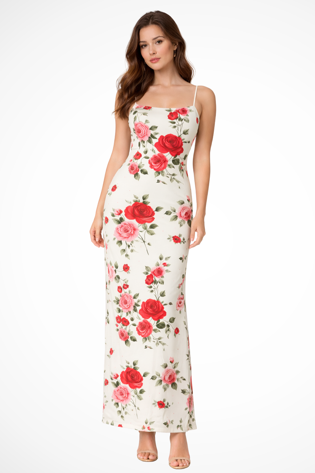 Women Floral Spaghetti Strap Maxi Summer Wedding Dress – Modern Everyday Look – Ivory – M