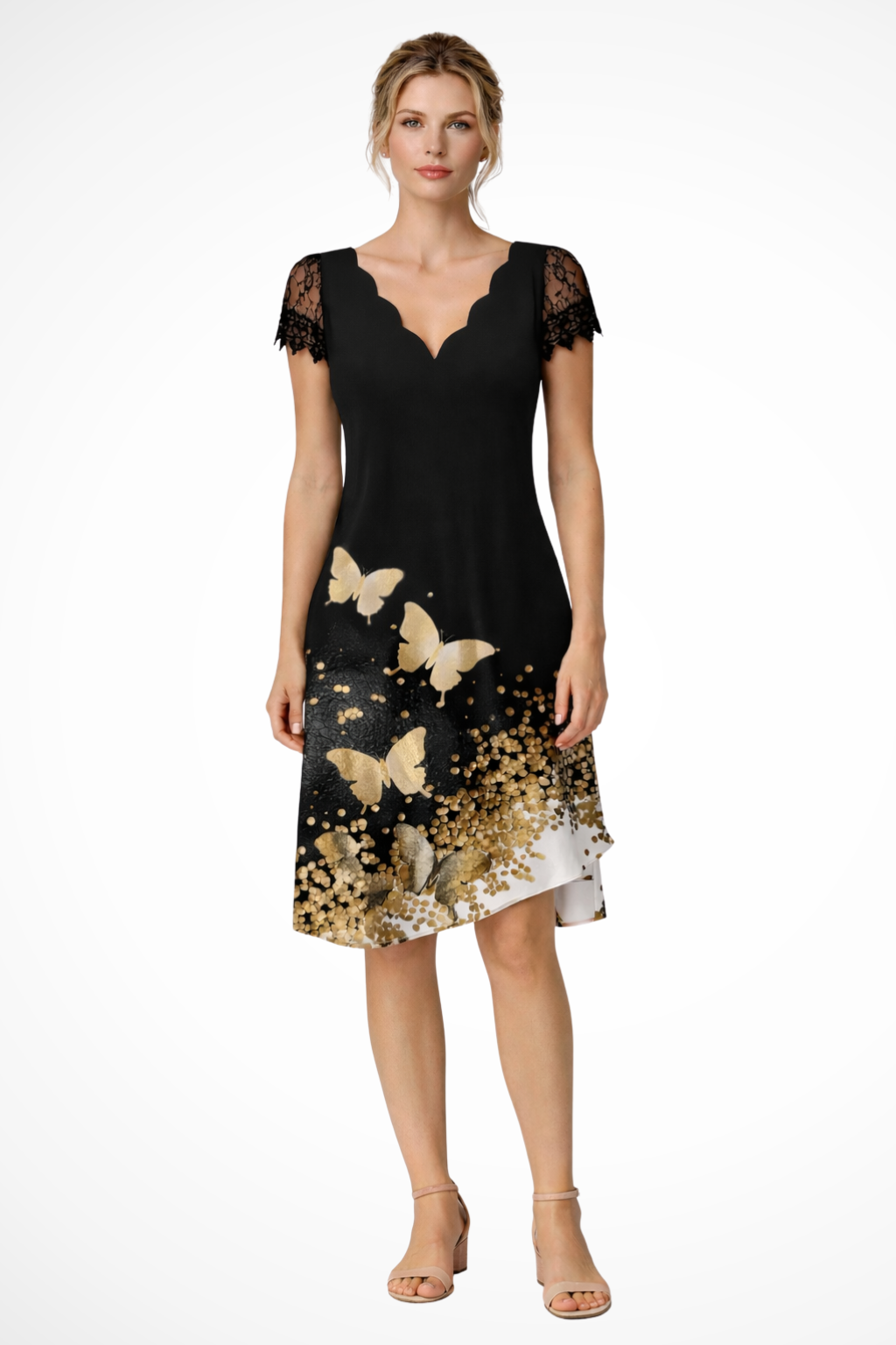 Women Lace Sleeve Midi Wedding-Guest Dress – Modern Everyday Look – Black &amp; White – L