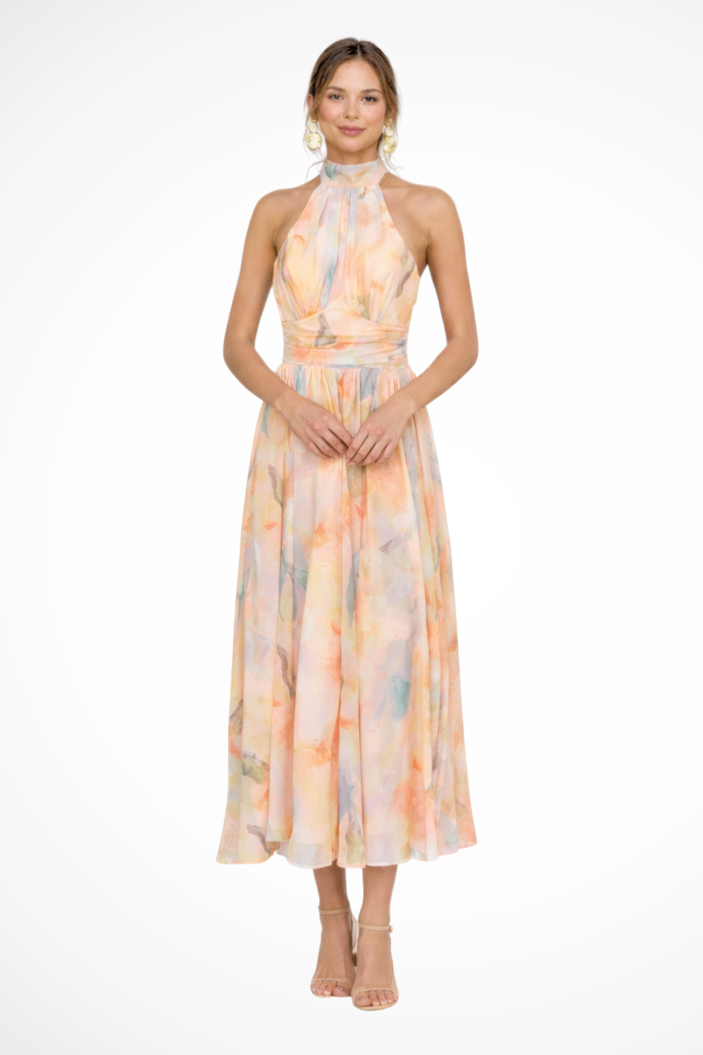 Women Abstract Print Halter Neck Maxi Dress – Modern Everyday Look – Peach – XS