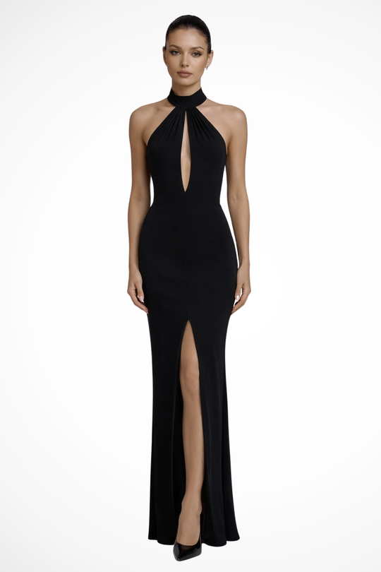 Women Halter Neck Twisted Cut Out Backless Slit Formal Maxi Dress – Refined Occasion Style – Black – XS