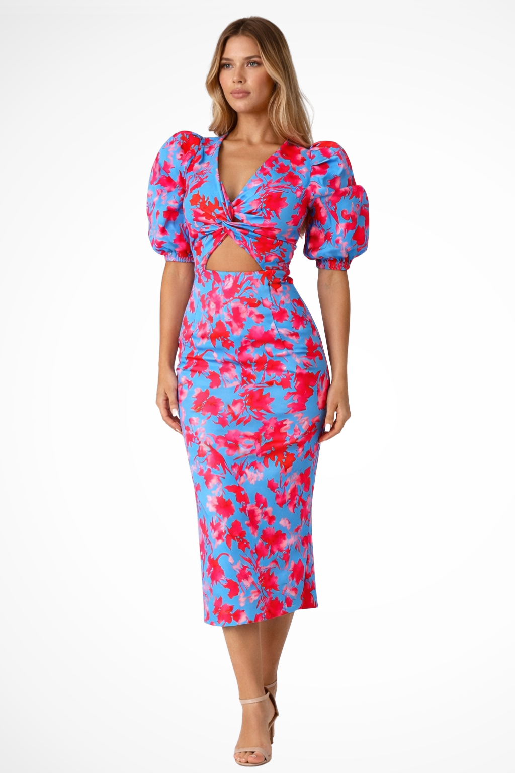 Women Printed Puff Sleeve Occasion Summer Midi Dress -test – Modern Everyday Look – Turquoise Blue – XS