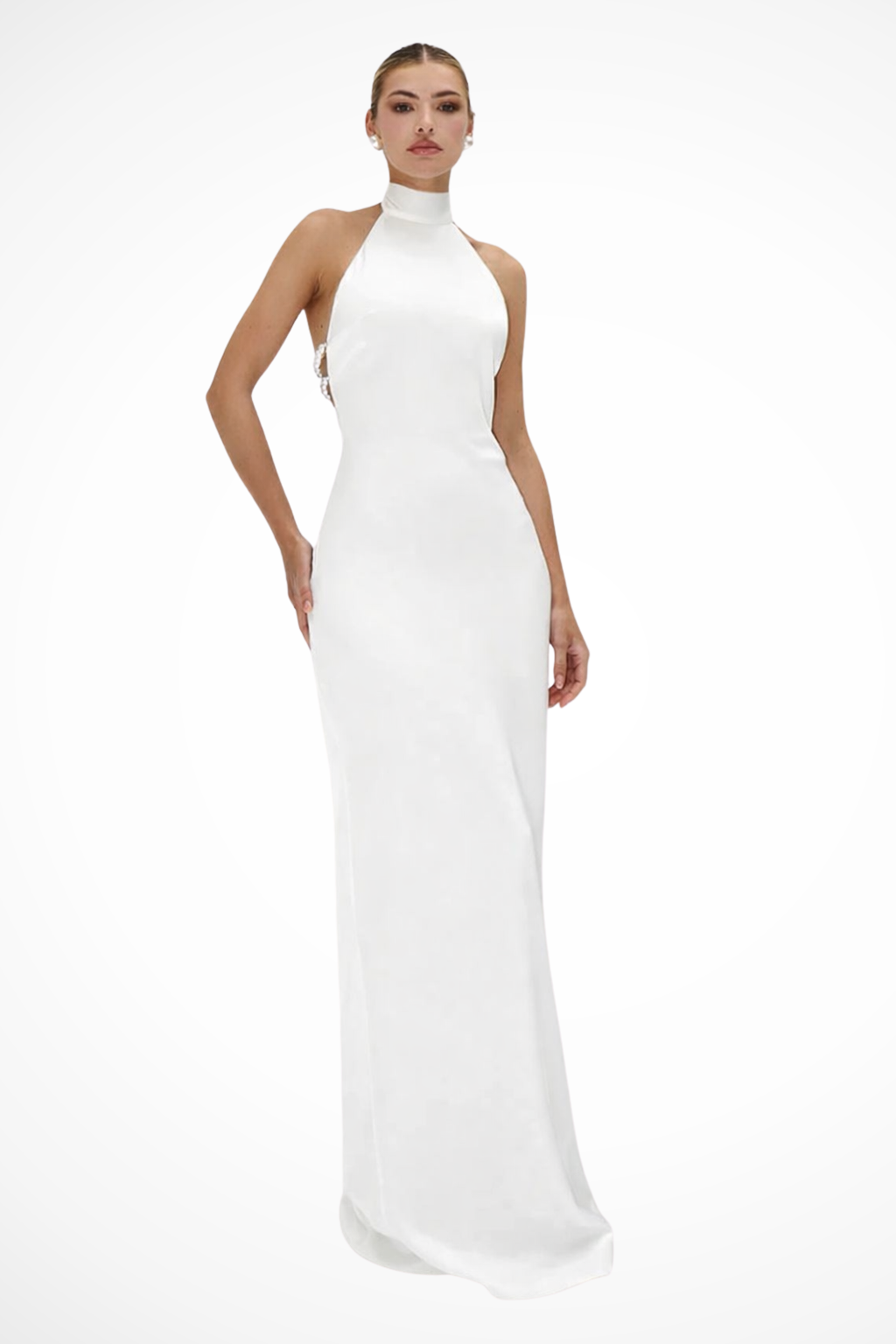 Women High Neck Halter Chain Detail Backless Wedding-Guest Maxi Dress – Modern Everyday Look – White – XS