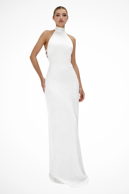 Women High Neck Halter Chain Detail Backless Wedding-Guest Maxi Dress – Modern Everyday Look – White – XS