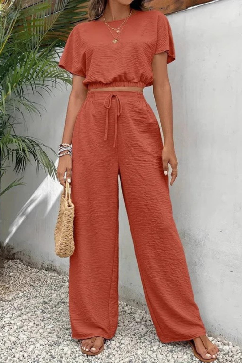 Women Relaxed Fit Wide-Leg Top and Trousers Set – Modern Everyday Look – Beige – L