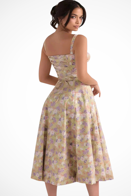 Women Square Neck Bow Detail Corset Wedding-Guest Floral Midi Dress – Modern Everyday Look – Blue Floral – M