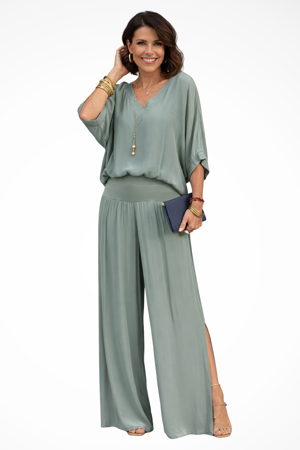 Women Elegant Layered Top and Wide-Leg Trousers 2 Piece Set – Refined Occasion Style – Grey – M