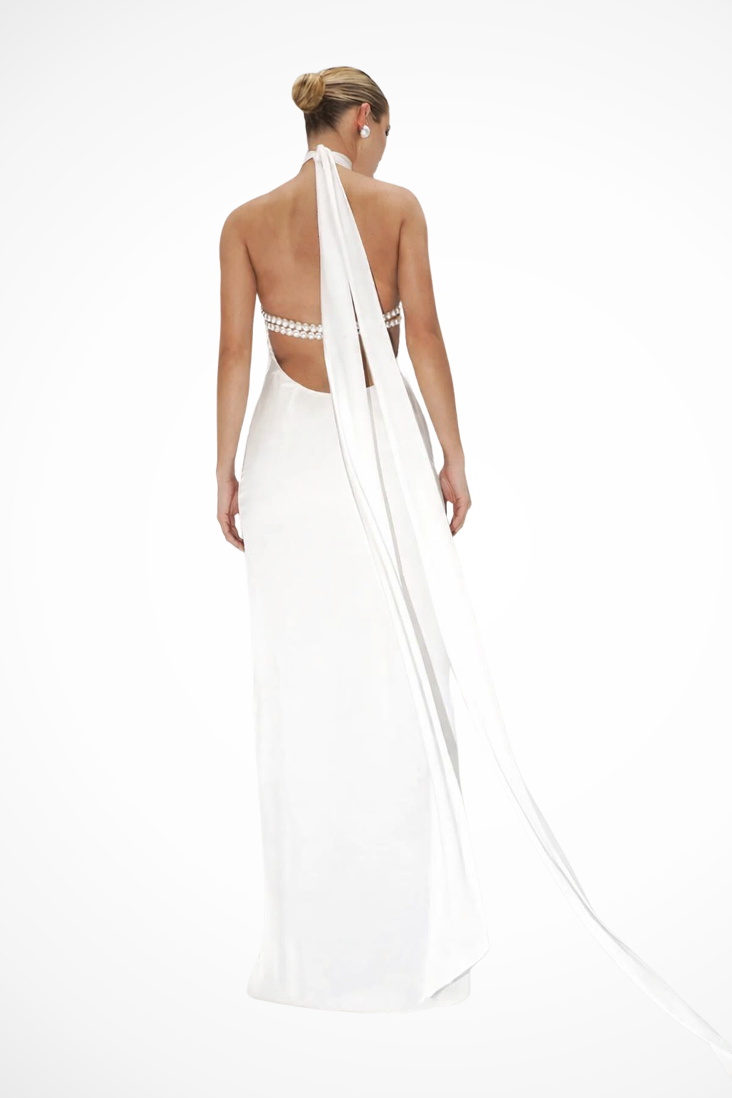 Women High Neck Halter Chain Detail Backless Wedding-Guest Maxi Dress – Modern Everyday Look – White – S