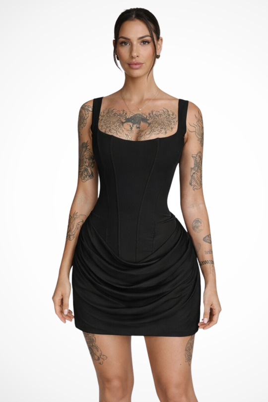 Women Square Neck Corset Wedding-Guest Mini Dress – Modern Everyday Look – Black – XS