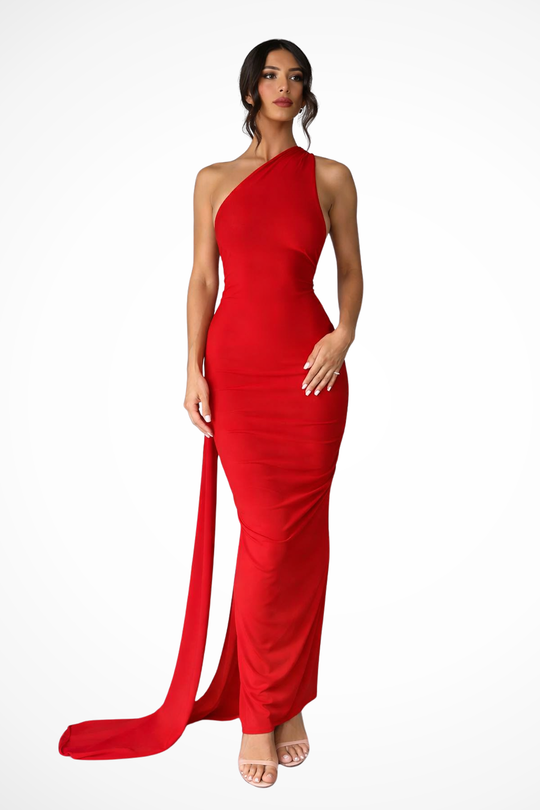 Women One-Shoulder Backless Ruched Race Day Maxi Dress – Modern Everyday Look – Orange – 2XL
