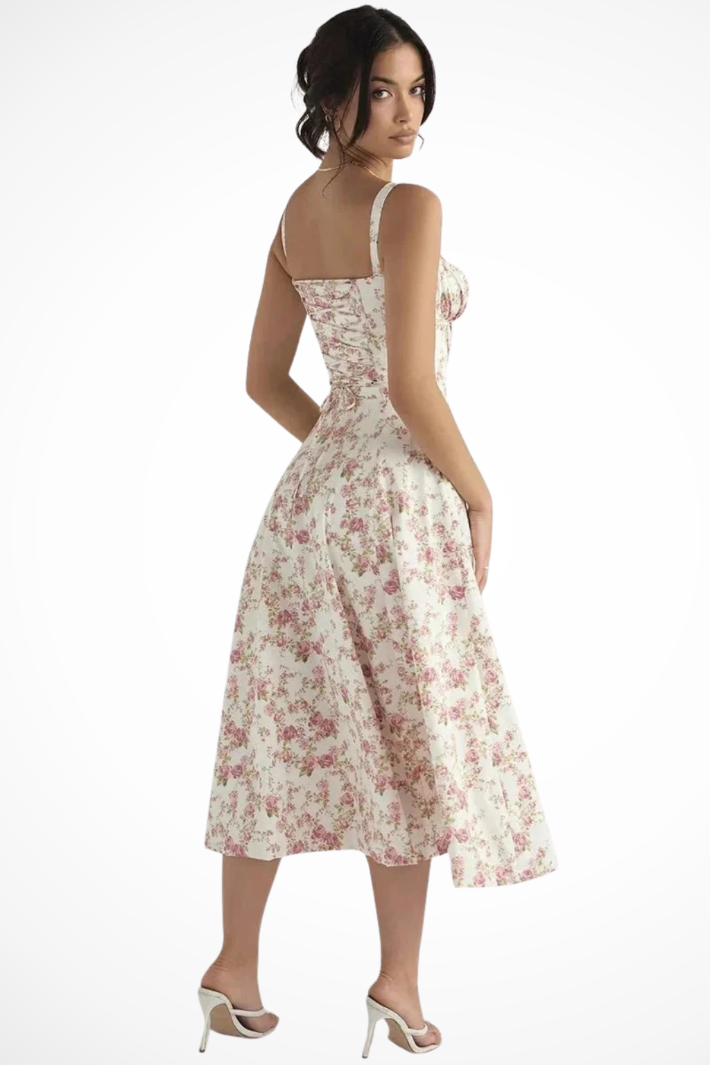 Women Square Neck Bow Detail Corset Wedding-Guest Floral Midi Dress – Modern Everyday Look – Blue Floral – XL