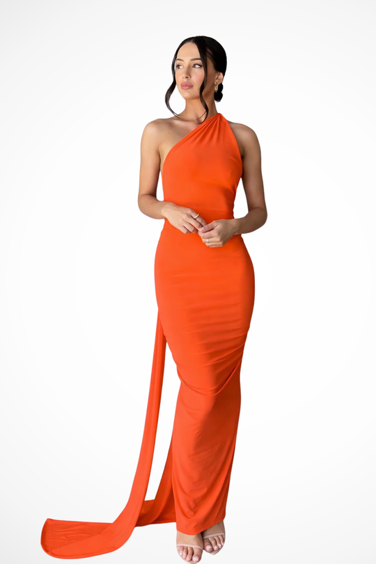 Women One-Shoulder Backless Ruched Race Day Maxi Dress – Modern Everyday Look – Orange – M