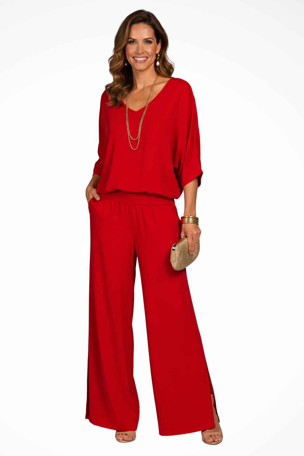 Women Elegant Layered Top and Wide-Leg Trousers 2 Piece Set – Refined Occasion Style – Grey – XS