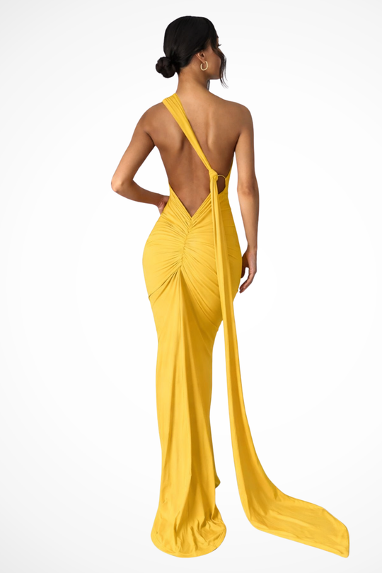 Women One-Shoulder Backless Ruched Race Day Maxi Dress – Modern Everyday Look – Orange – XL