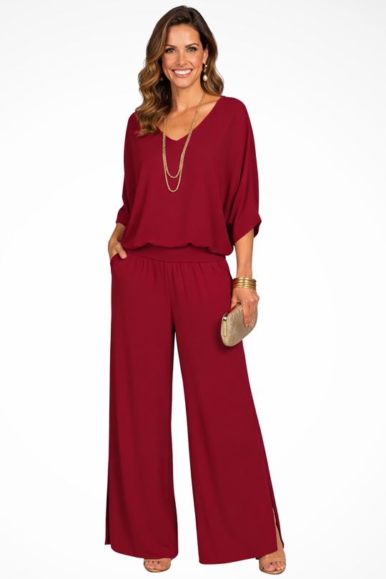 Women Elegant Layered Top and Wide-Leg Trousers 2 Piece Set – Refined Occasion Style – Green – 2XL
