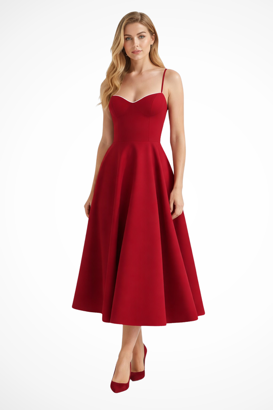 Women Corset Wedding-Guest Midi Dress – Modern Everyday Look – Red – L