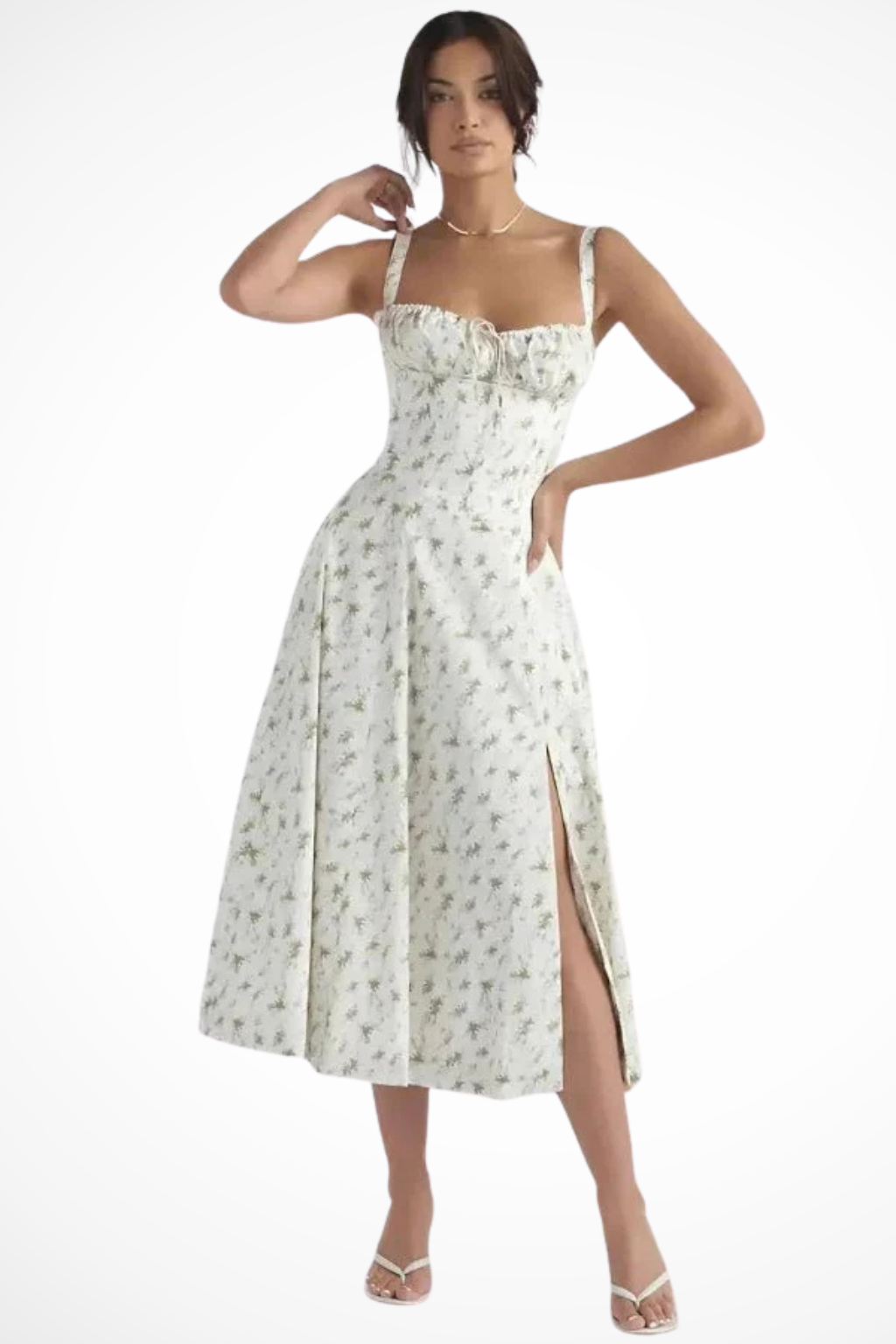 Women Square Neck Bow Detail Corset Wedding-Guest Floral Midi Dress – Modern Everyday Look – Pink Print – XS