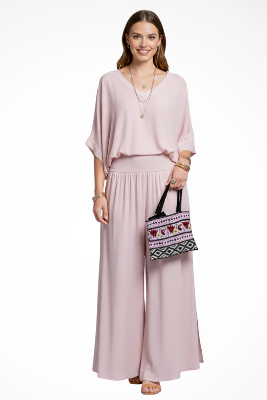 Women Elegant Layered Top and Wide-Leg Trousers 2 Piece Set – Refined Occasion Style – Green – XL