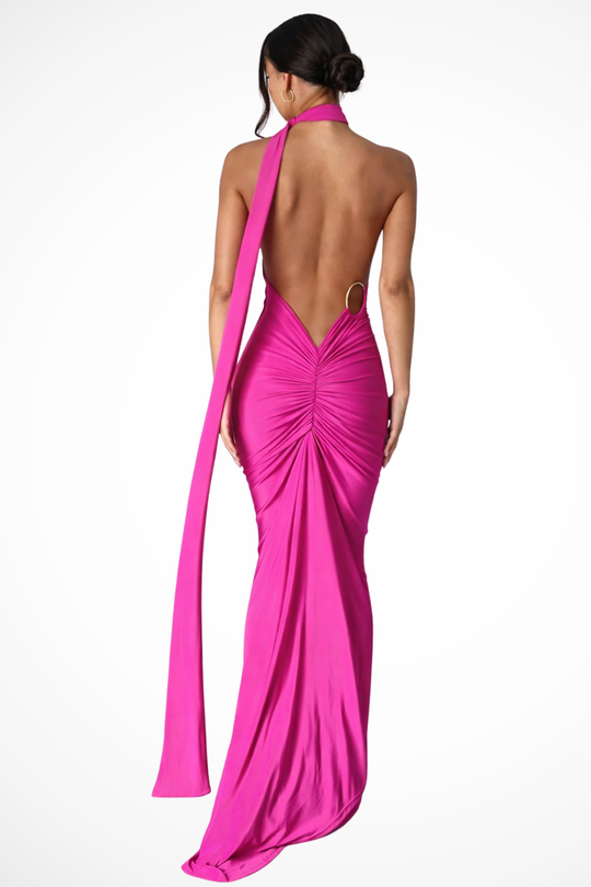Women One-Shoulder Backless Ruched Race Day Maxi Dress – Modern Everyday Look – Orange – L
