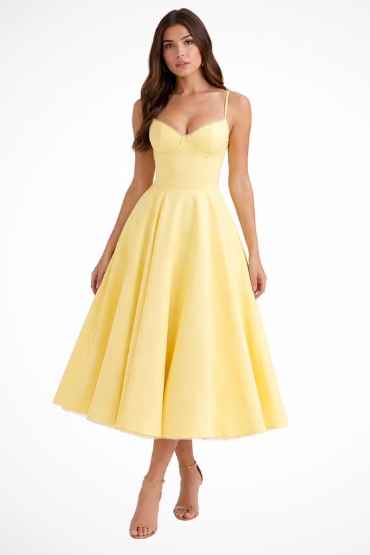 Women Corset Wedding-Guest Midi Dress – Modern Everyday Look – Yellow – XS