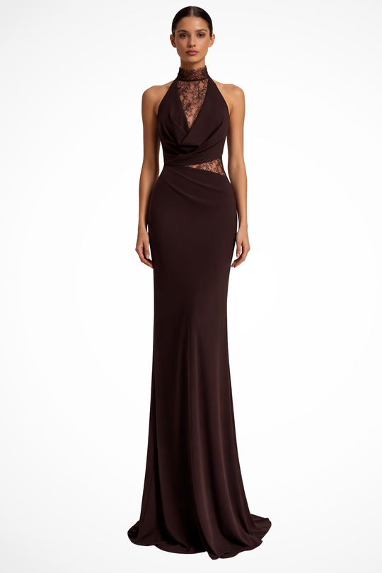 Women Halter Neck Lace Panel Sleeveless Wedding-Guest Maxi Dress – Modern Everyday Look – Red Brown – XS