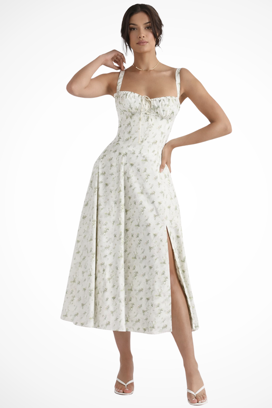 Women Square Neck Bow Detail Corset Wedding-Guest Floral Midi Dress – Modern Everyday Look – White Floral – XS