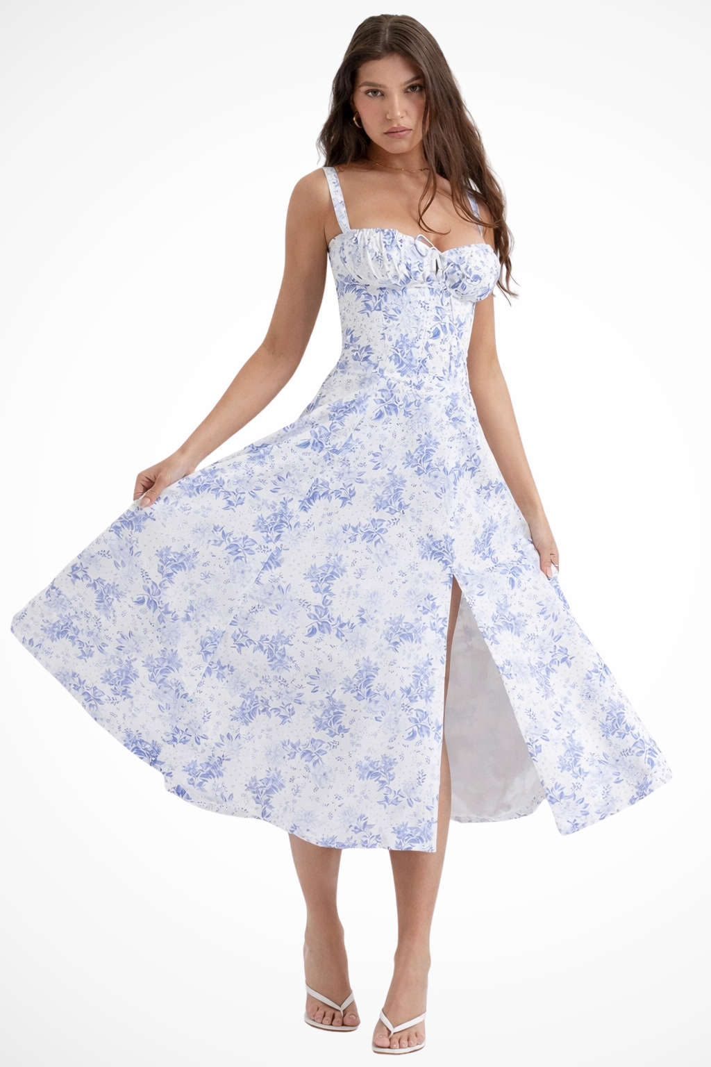 Women Square Neck Bow Detail Corset Wedding-Guest Floral Midi Dress – Modern Everyday Look – White Floral – L