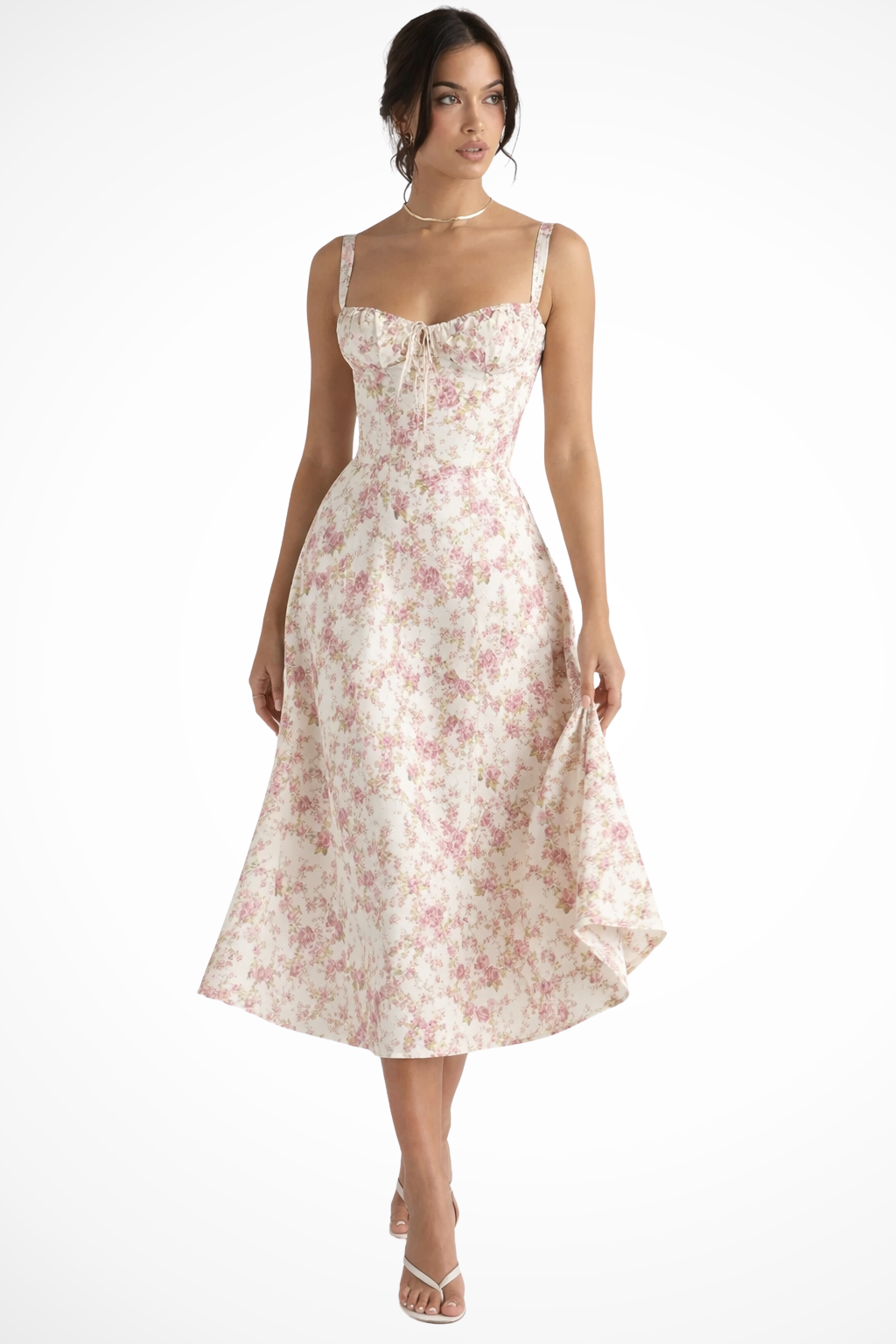 Women Square Neck Bow Detail Corset Wedding-Guest Floral Midi Dress – Modern Everyday Look – Blue Floral – L