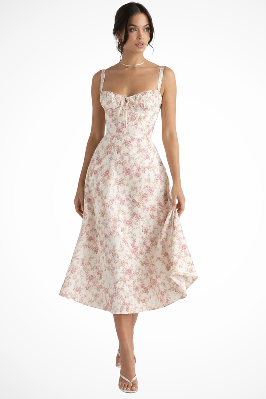 Women Square Neck Bow Detail Corset Wedding-Guest Floral Midi Dress – Modern Everyday Look – Blue Floral – L