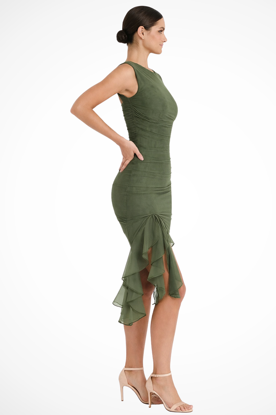 Women Mesh Ruched Midi Summer Dress with Ruffle Slit – Modern Everyday Look – Green Charlotte – XS