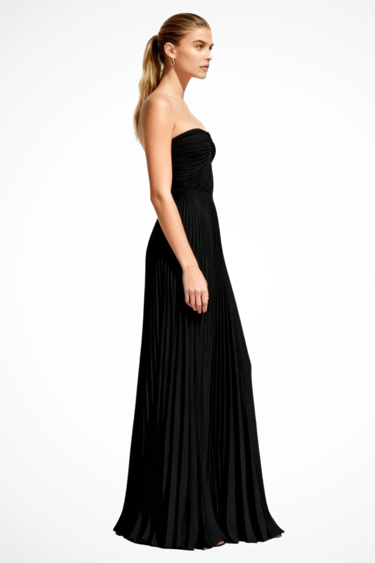 Women Strapless Pleated Wedding-Guest Maxi Dress – Modern Everyday Look – Black – S