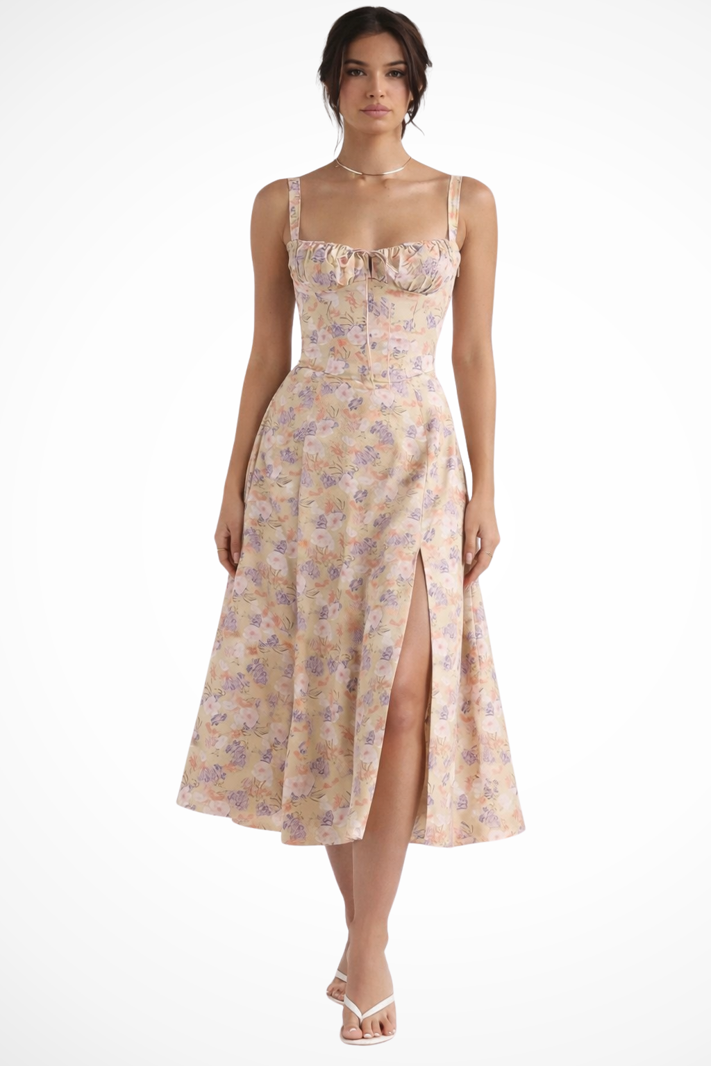 Women Square Neck Bow Detail Corset Wedding-Guest Floral Midi Dress – Modern Everyday Look – Blue Floral – XS