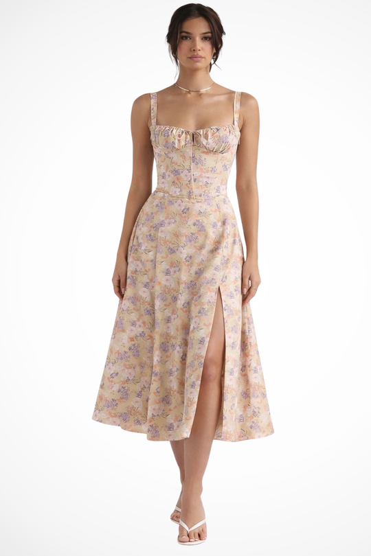 Women Square Neck Bow Detail Corset Wedding-Guest Floral Midi Dress – Modern Everyday Look – Blue Floral – XS