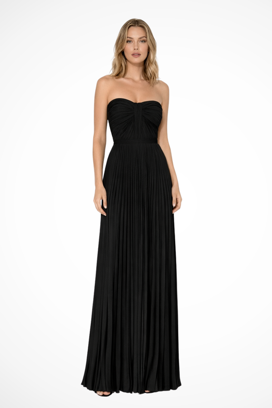 Women Strapless Pleated Wedding-Guest Maxi Dress – Modern Everyday Look – Black – XS