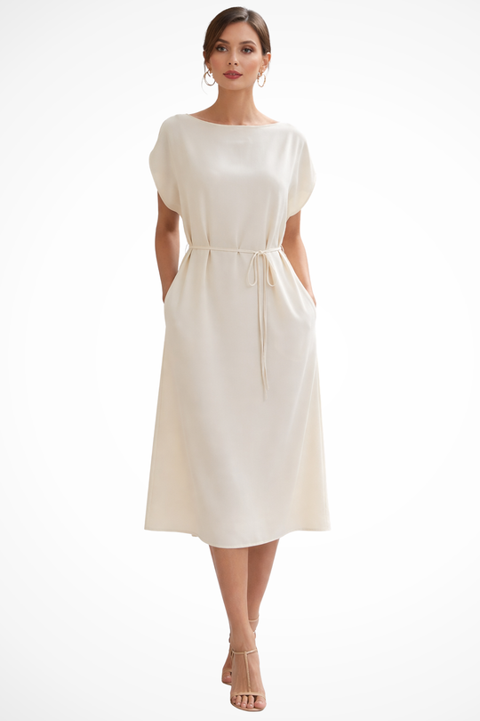 Women Batwing Sleeve Tie Waist Wedding-Guest Midi Dress – Modern Everyday Look – White – XS